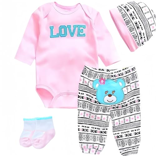 OYESY Reborn Baby Dolls Clothes Accessories Pink Outfit for 1722 Inch Reborn Newborn Baby Clothing Set Super Cute Bear Love 4pcs Set - Image 1