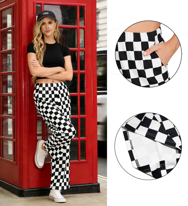 IWOLLENCE Women's Casual Loose Checkered Wide Leg Pants High Waist Straight Lounge Y2K Gingham Trousers Fall Black White, 2XL - Image 4
