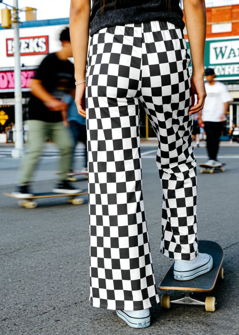 IWOLLENCE Women's Casual Loose Checkered Wide Leg Pants High Waist Straight Lounge Y2K Gingham Trousers Fall Black White, 2XL - Image 3