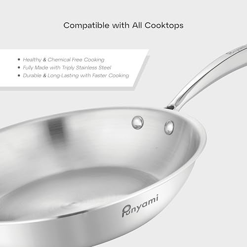 Punyami Triply Stainless Steel Frying Pan (22cm, 1.5L), 2.5mm Heavy Duty Induction Bottom Skillet with Riveted Handle, Chemical-Free Uncoated Healthy Cookware, 5 Years Warranty, Silver - Image 5