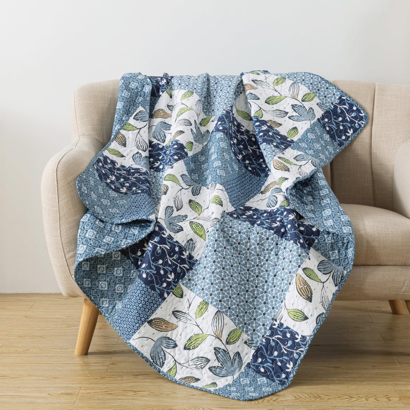 SLPR Pacific Coast 50 x 60 Quilted Throw Blanket Blue and White Floral Patchwork Throw Quilt for Couch and Bed Lightweight Lap Quilt