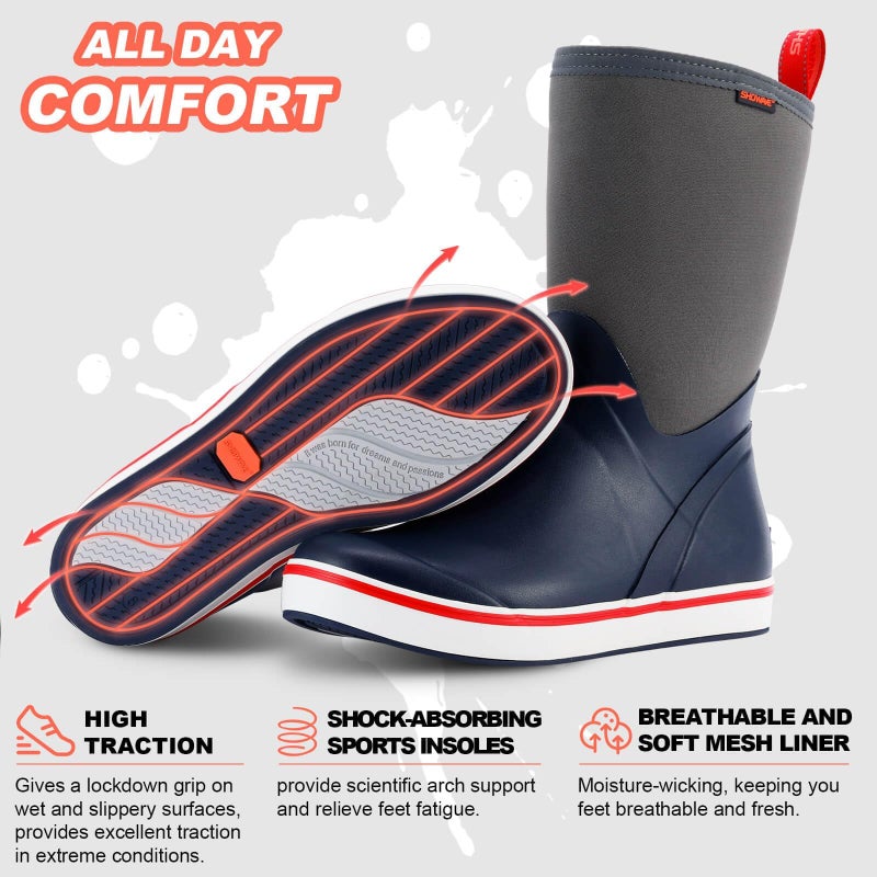 Showave Deck Boots for Men Rain Boots Mid Calf Insulated Rubber Boot for Men Waterproof Fishing Boot Outdoor Mud Booties for Sailing Gardening Working(Navy,Size 9) - Image 4