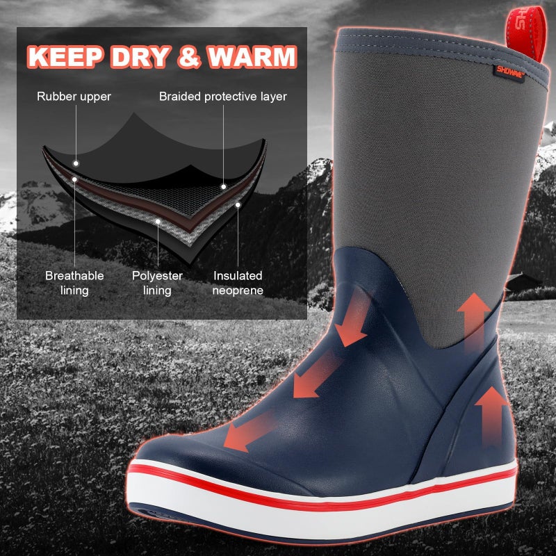 Showave Deck Boots for Men Rain Boots Mid Calf Insulated Rubber Boot for Men Waterproof Fishing Boot Outdoor Mud Booties for Sailing Gardening Working(Navy,Size 9) - Image 5