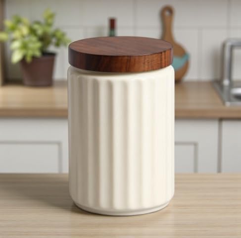 ClayStone Airtight Ceramic Jar - 900ml Each - Wooden Lid - Kitchen Containers for Sugar, Tea, Salt, Pickles, Pulses & More (While Lines) - Image 1