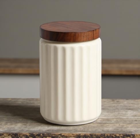 ClayStone Airtight Ceramic Jar - 900ml Each - Wooden Lid - Kitchen Containers for Sugar, Tea, Salt, Pickles, Pulses & More (While Lines) - Image 2
