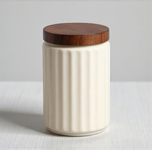 ClayStone Airtight Ceramic Jar - 900ml Each - Wooden Lid - Kitchen Containers for Sugar, Tea, Salt, Pickles, Pulses & More (While Lines) - Image 3
