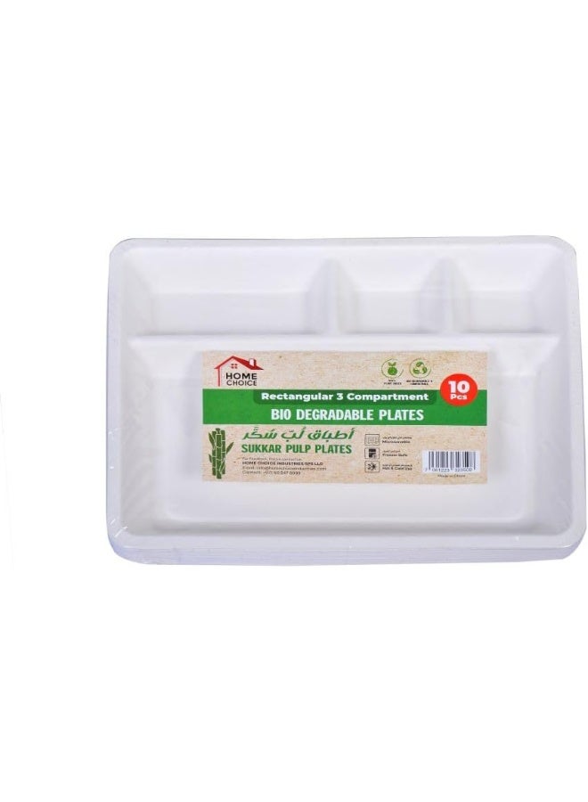 HOME CHOICE 3 Compartment Disposable Rectangular Sugar Cane Food Container 10-Pieces  - Image 1