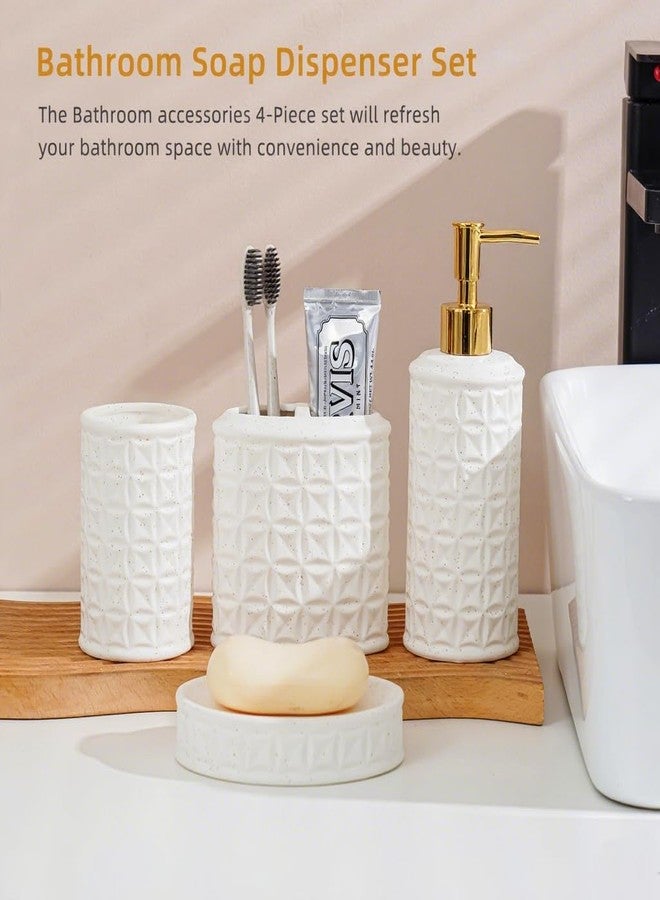 BASDHE Bathroom Accessories Set 4 Pcs - Ceramic Soap Dispenser, Toothbrush Holder, Tumbler & Soap Dish with Coin Pattern Design, White Bathroom Decor Set for Counter Organization - Image 4