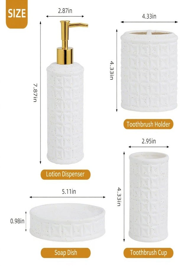 BASDHE Bathroom Accessories Set 4 Pcs - Ceramic Soap Dispenser, Toothbrush Holder, Tumbler & Soap Dish with Coin Pattern Design, White Bathroom Decor Set for Counter Organization - Image 5