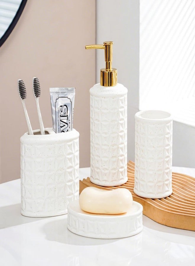 BASDHE Bathroom Accessories Set 4 Pcs - Ceramic Soap Dispenser, Toothbrush Holder, Tumbler & Soap Dish with Coin Pattern Design, White Bathroom Decor Set for Counter Organization - Image 2