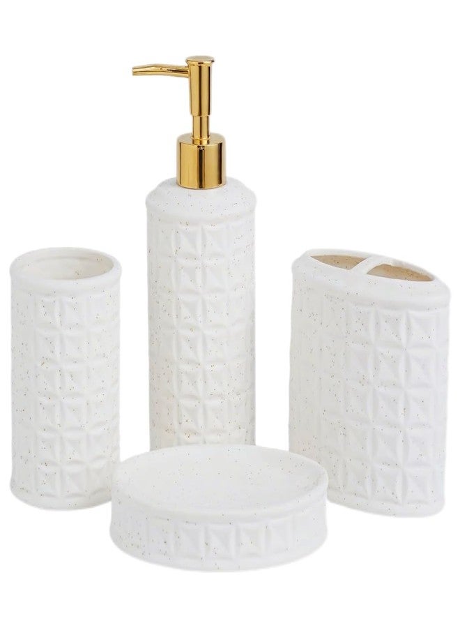 BASDHE Bathroom Accessories Set 4 Pcs - Ceramic Soap Dispenser, Toothbrush Holder, Tumbler & Soap Dish with Coin Pattern Design, White Bathroom Decor Set for Counter Organization - Image 1