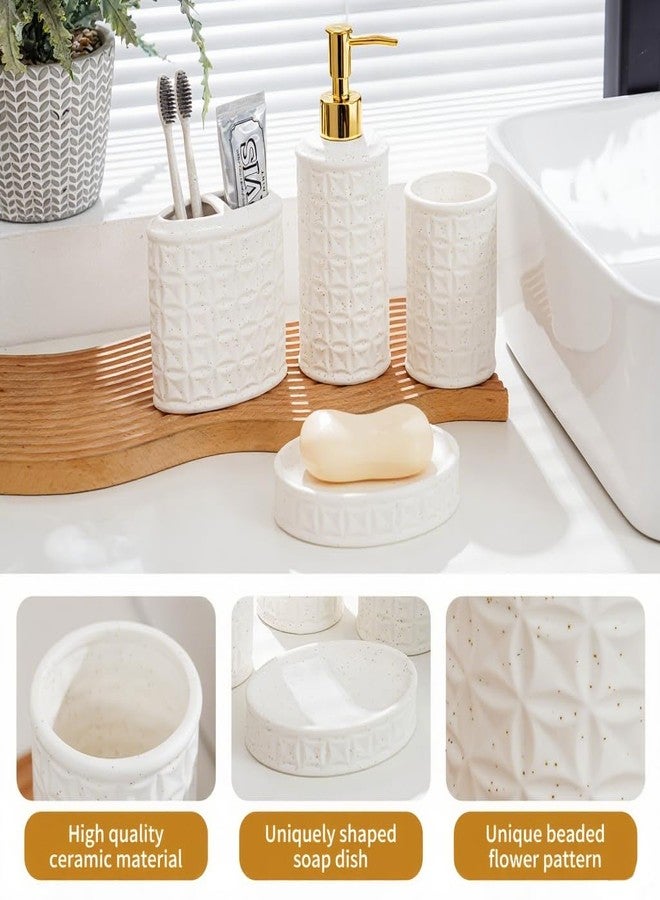 BASDHE Bathroom Accessories Set 4 Pcs - Ceramic Soap Dispenser, Toothbrush Holder, Tumbler & Soap Dish with Coin Pattern Design, White Bathroom Decor Set for Counter Organization - Image 3