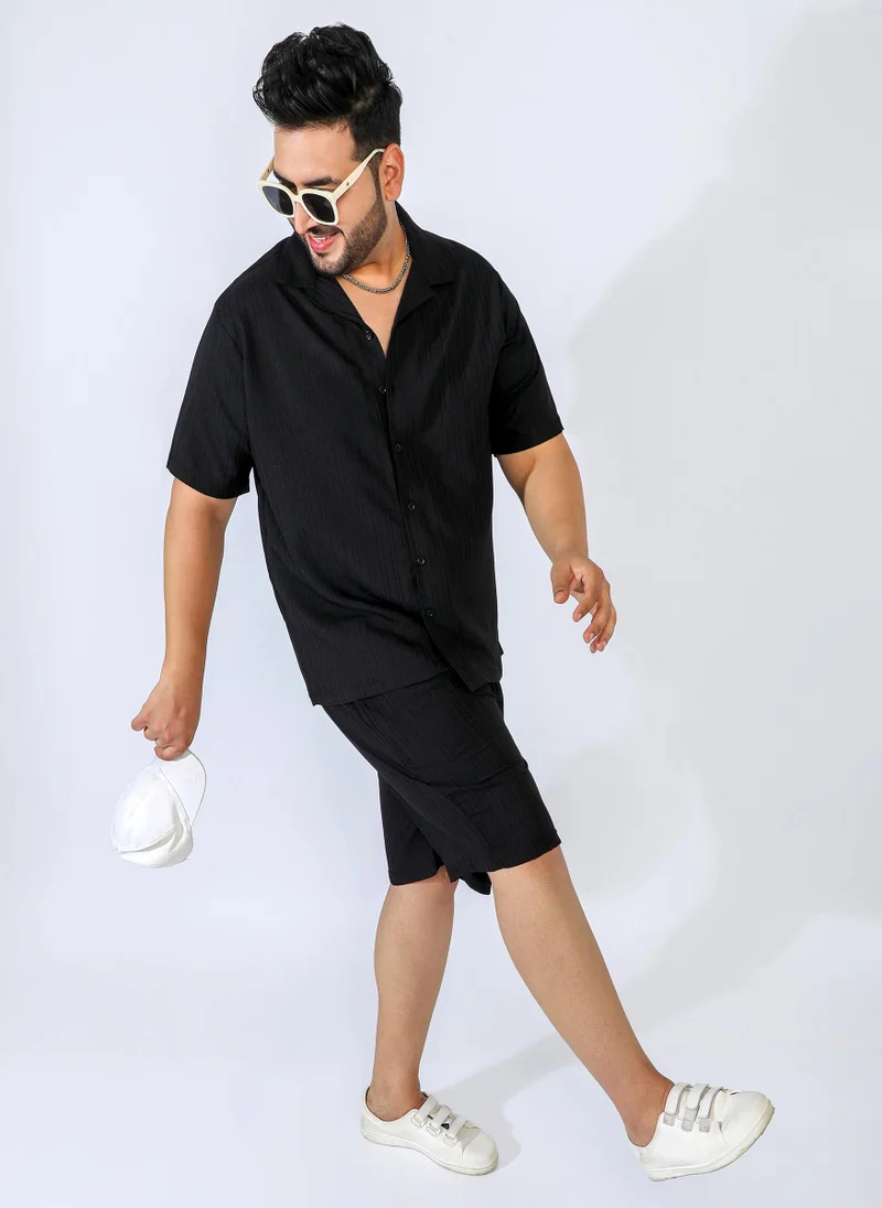 Instafab Plus Men's Midnight Black Self-Design Striped Co-Ord Set