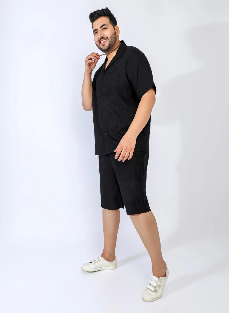 Instafab Plus Men's Midnight Black Self-Design Striped Co-Ord Set