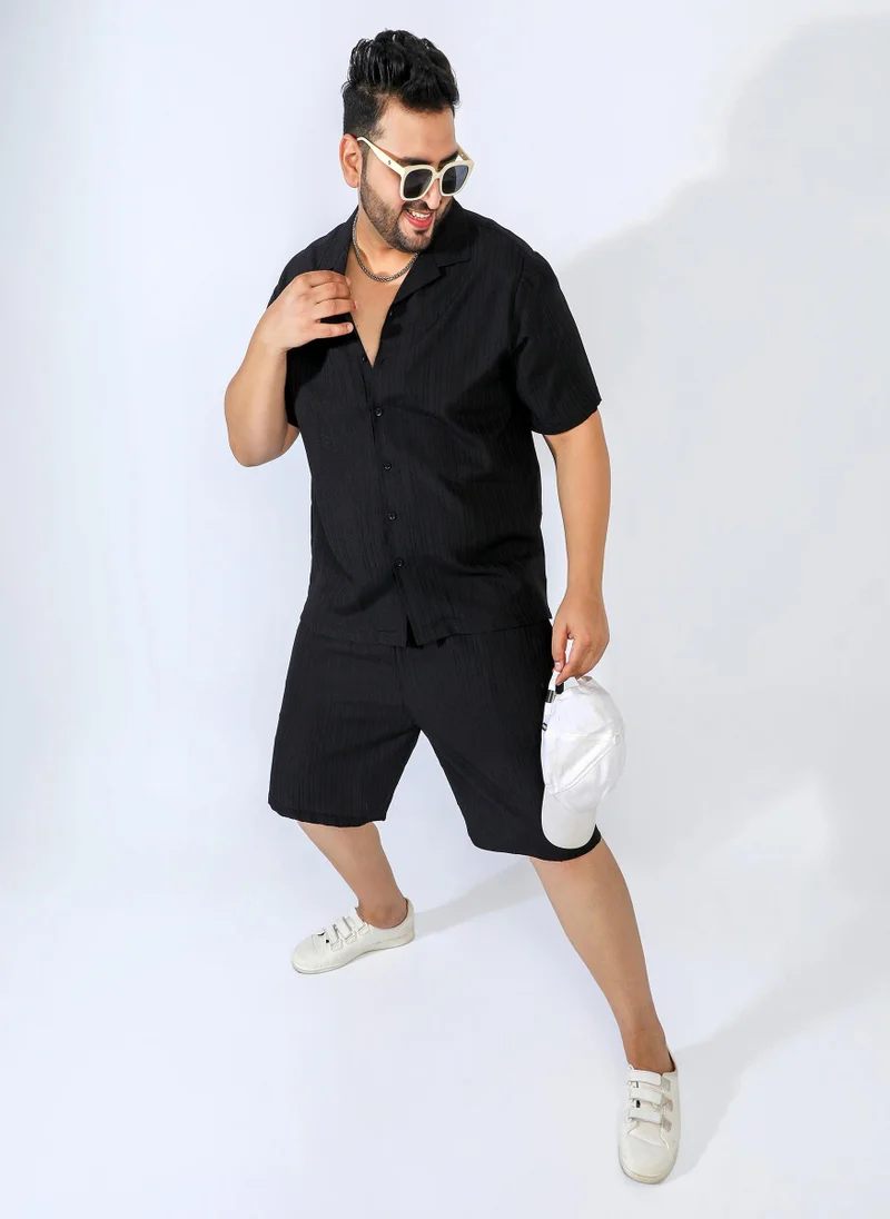 Instafab Plus Men's Midnight Black Self-Design Striped Co-Ord Set