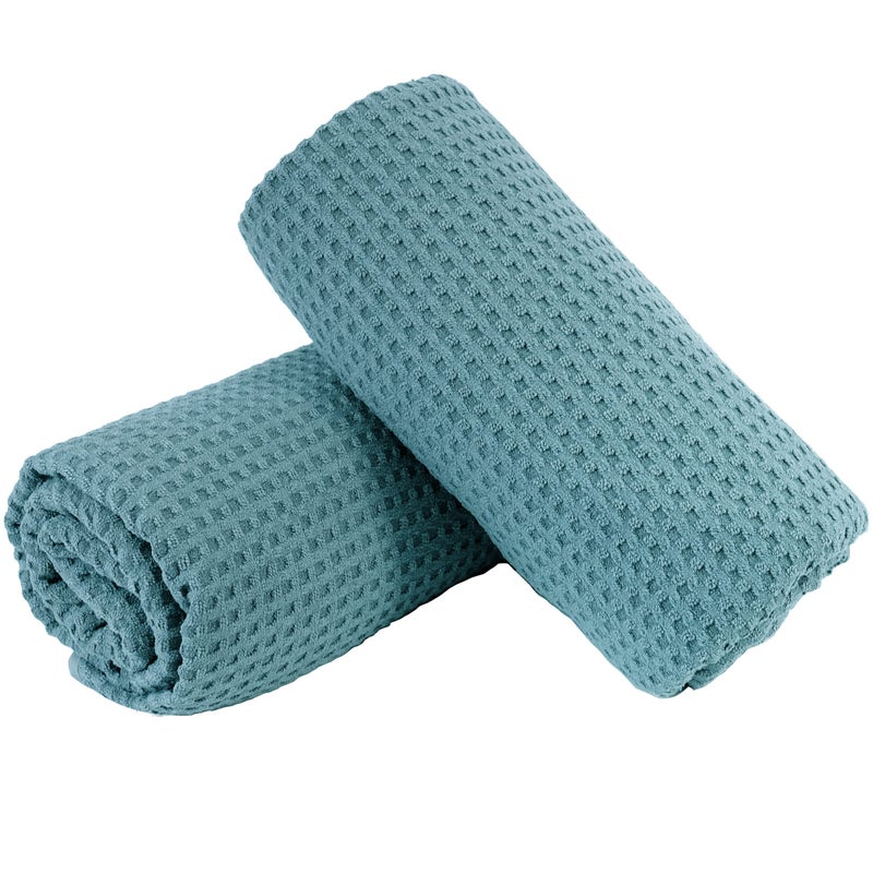 POLYTE Microfiber Oversize Quick Dry Lint Free Bath Towel, 60 x 30 in, Set of 2 (Green, Waffle Weave) - Image 2