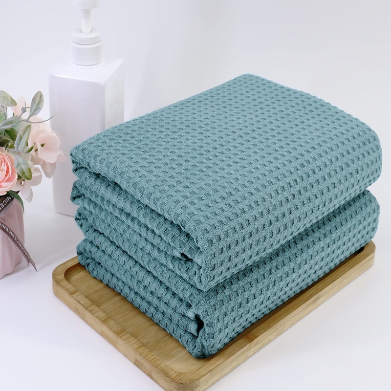 POLYTE Microfiber Oversize Quick Dry Lint Free Bath Towel, 60 x 30 in, Set of 2 (Green, Waffle Weave) - Image 5