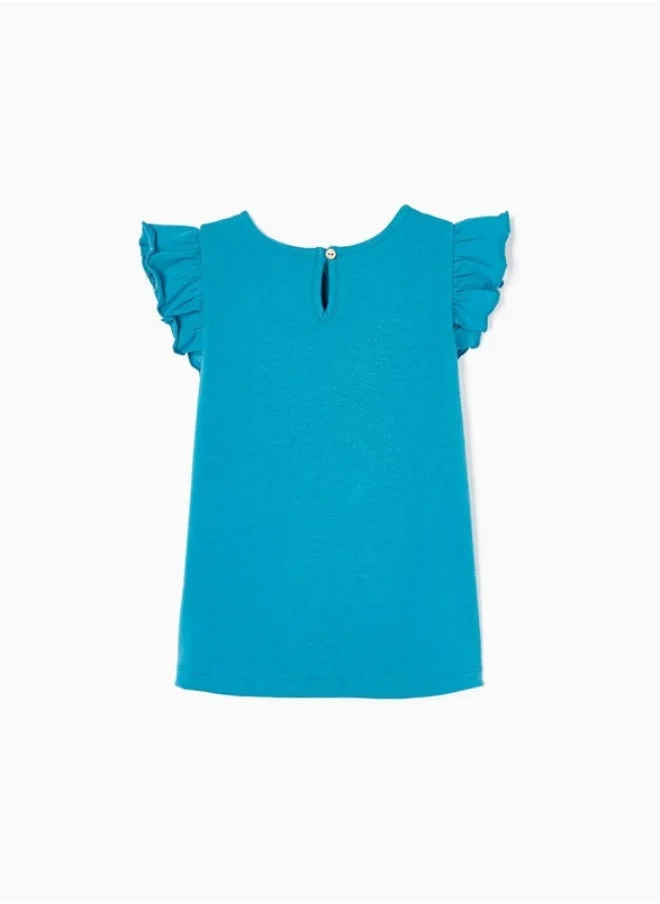 زيبي Cotton T-shirt with Ruffles for Girls, Blue