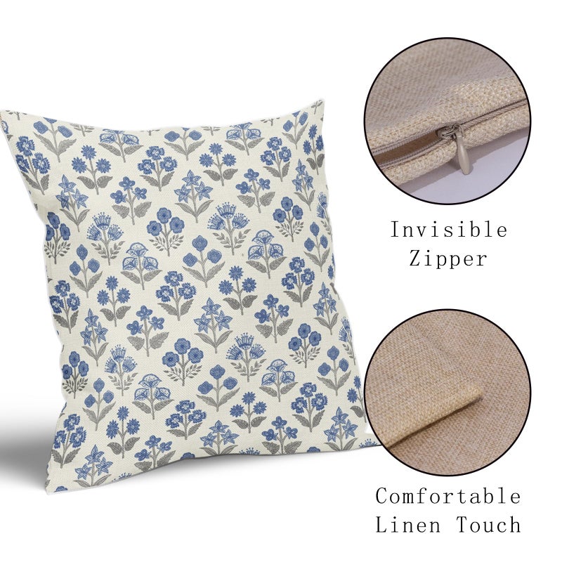 Sivirary Blue Grey Gray Floral Block Print Pillow Covers 18x18 Inch Set of 2, Vintage Flower Pattern Decorative Throw Pillowcases Outdoor Farmhouse Cushion Covers Spring Summer Rustic Sofa Couch Bed Decor - Image 4