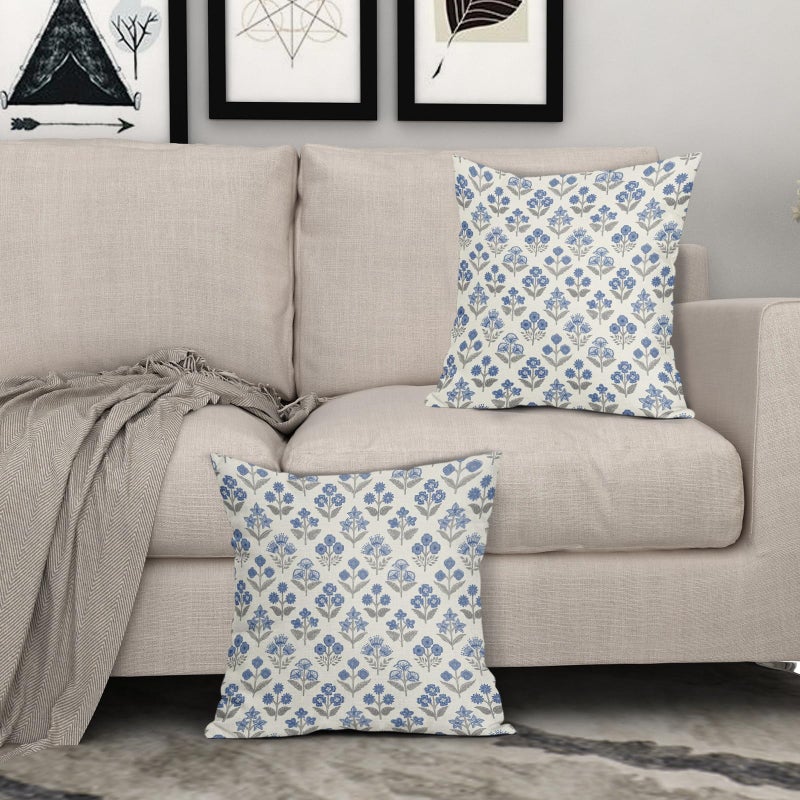 Sivirary Blue Grey Gray Floral Block Print Pillow Covers 18x18 Inch Set of 2, Vintage Flower Pattern Decorative Throw Pillowcases Outdoor Farmhouse Cushion Covers Spring Summer Rustic Sofa Couch Bed Decor - Image 3