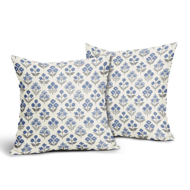 Sivirary Blue Grey Gray Floral Block Print Pillow Covers 18x18 Inch Set of 2, Vintage Flower Pattern Decorative Throw Pillowcases Outdoor Farmhouse Cushion Covers Spring Summer Rustic Sofa Couch Bed Decor - Image 2
