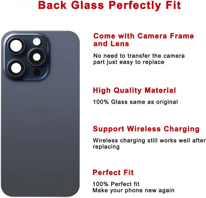 Perzework استبدال الزجاج الخلفي لجهاز iPhone 15 Pro بحجم 6.1 بوصة + لوحة مثبتة مسبقًا وإطار كاميرا + مجموعة أدوات الإصلاح (تيتانيوم أزرق) - Image 3