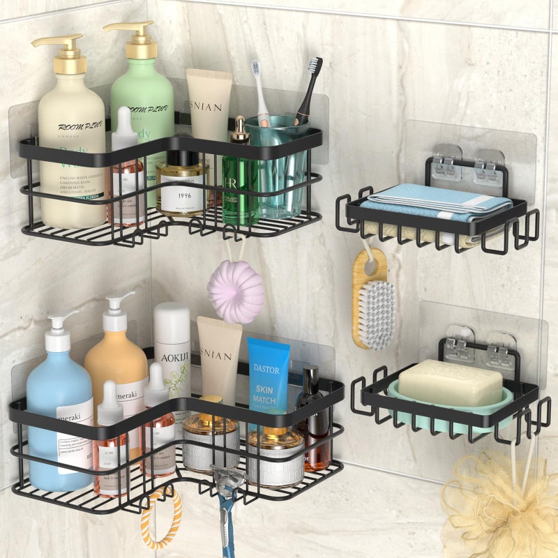 Yazoni Corner Shower Caddy  4-Pack Adhesive Shower Shelves with Soap Holder No Drilling  Rustproof Bathroom Shower Organizer Storage  Black - Image 1