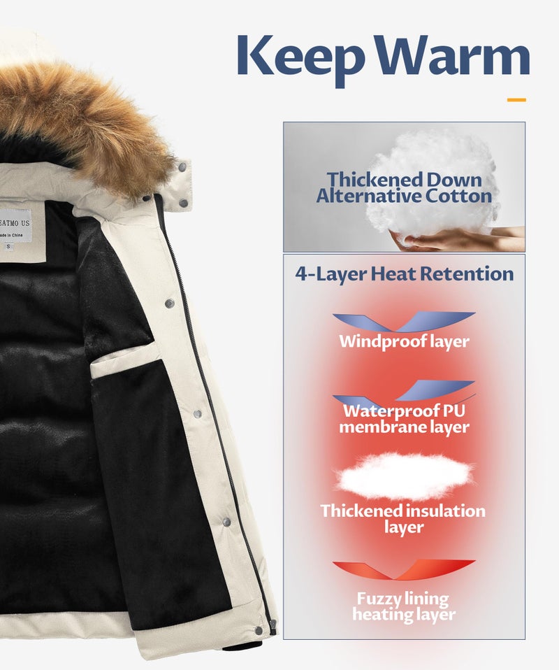 CREATMO US Ladies Puffer Jacket Winter Coat For Women Waterproof Women's Thicken Warm Snow Coats with Removable Hood White M - Image 3