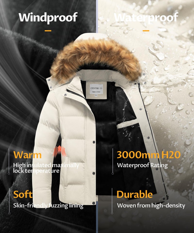 CREATMO US Ladies Puffer Jacket Winter Coat For Women Waterproof Women's Thicken Warm Snow Coats with Removable Hood White M - Image 4