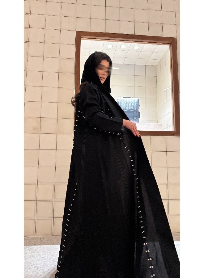 آية MW1266 عباية سوداء بتطريز يدوي ابيض - Image 2