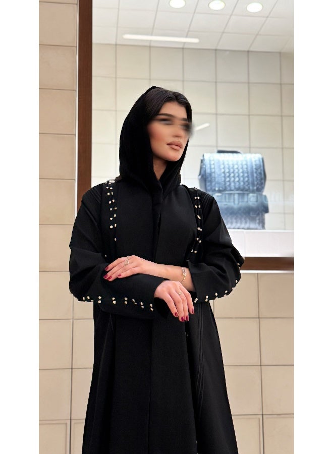 آية MW1266 عباية سوداء بتطريز يدوي ابيض - Image 4