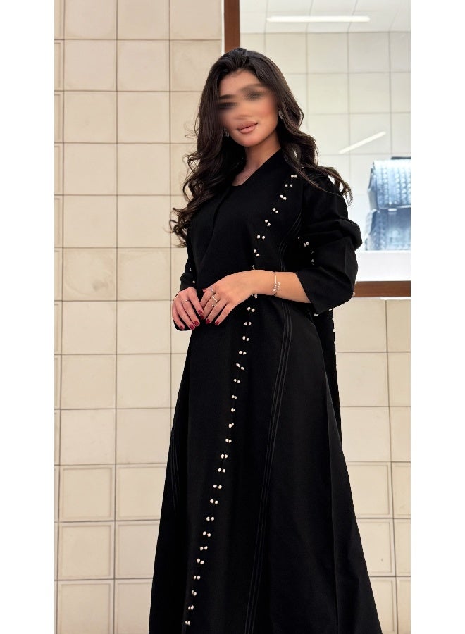 آية MW1266 عباية سوداء بتطريز يدوي ابيض - Image 1