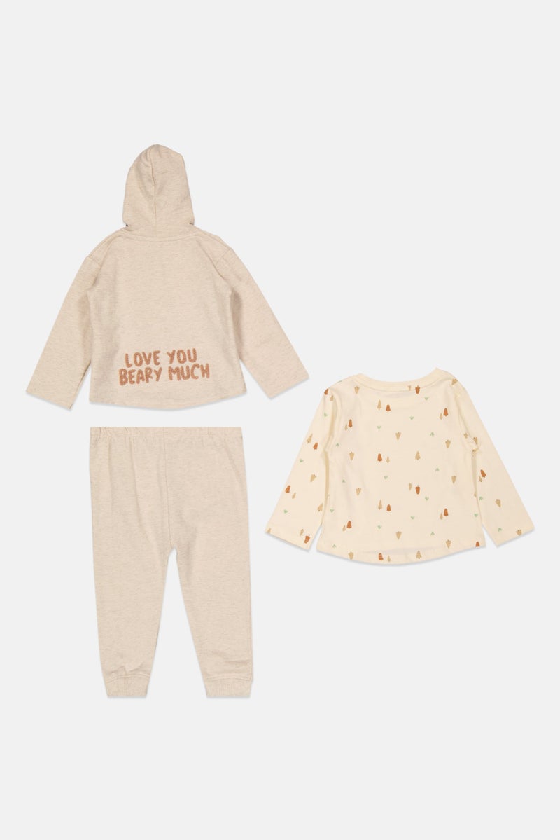 Mother's Promise Toddlers Girl 3Pcs Printed Hooded Sweatshirt, SAweatpant And Top Set, Beige - Image 2