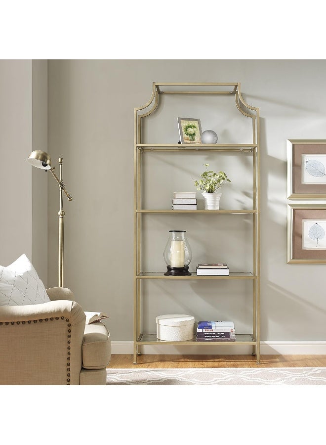 YINZUO YINZUO Modern Arched Bookshelf with Clear Glass Shelves Tall Freestanding Metal Display Storage Rack, Open Bookcase Organizer for Living Room, Bedroom, or Home Office (Matt Gold)  - Image 3