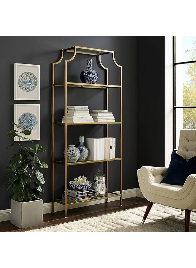 YINZUO YINZUO Modern Arched Bookshelf with Clear Glass Shelves Tall Freestanding Metal Display Storage Rack, Open Bookcase Organizer for Living Room, Bedroom, or Home Office (Matt Gold)  - Image 4