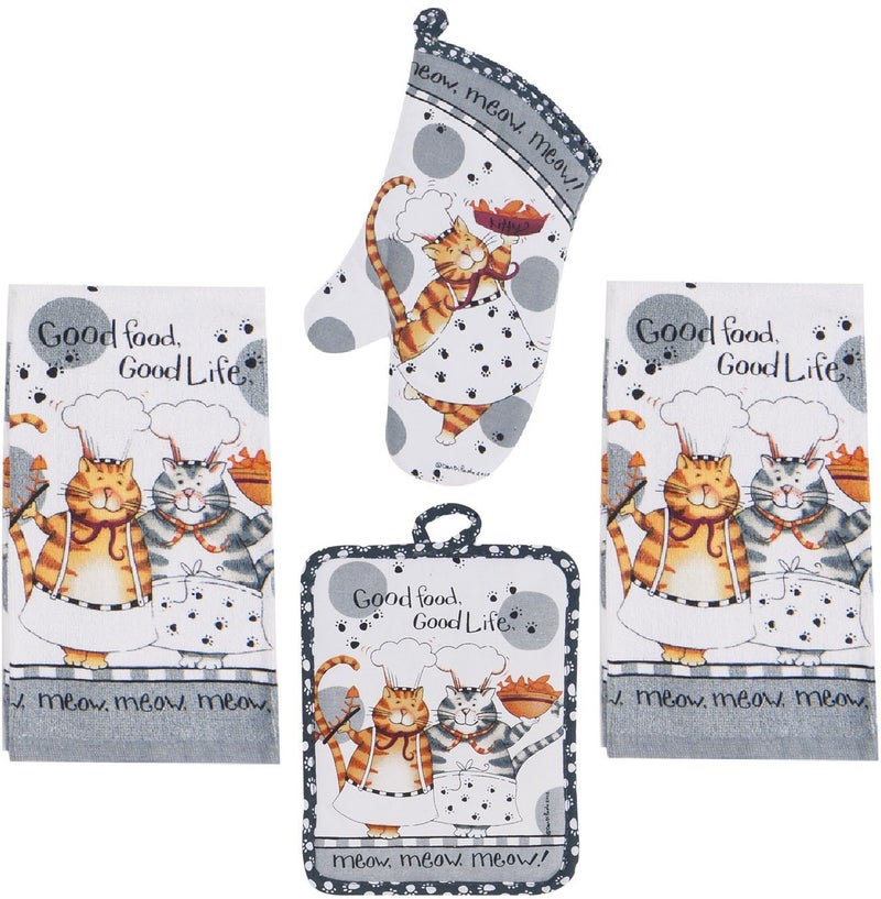 4 Piece Happy Cat Kitchen Set 2 Terry Towels Oven Mitt Potholder