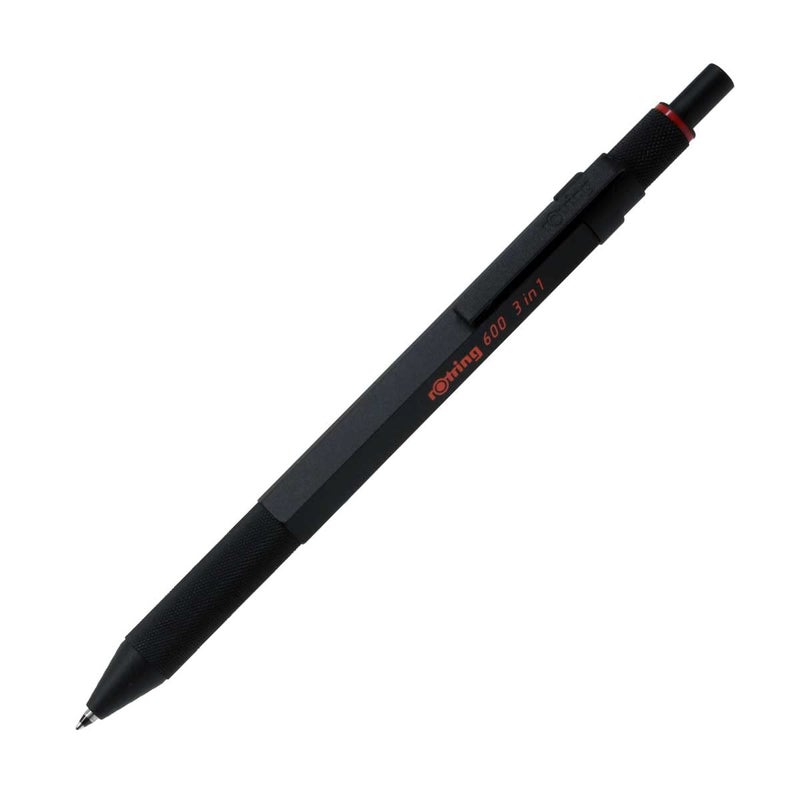 Rotring 600 3-in-1 Multicolor Pen and Mechanical Pencil, Black Barrel, Brass Mechanism, Fine Point Tips, Hexagonal Barrel, Metal Knurled Grip - Image 1