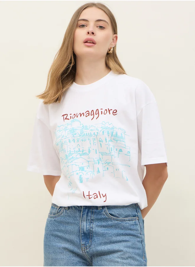 Styli Graphic Print Short Sleeve Oversized T-Shirt