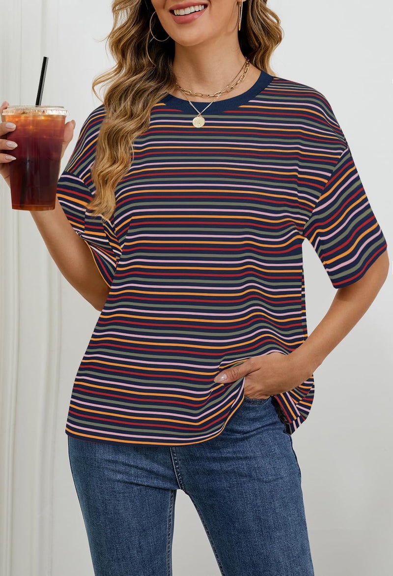 MEROKEETY Women's 2026 Summer Short Sleeve Tops Casual Colourful Striped Crewneck Loose Work T Shirts Blouses, Navy, L - Image 2