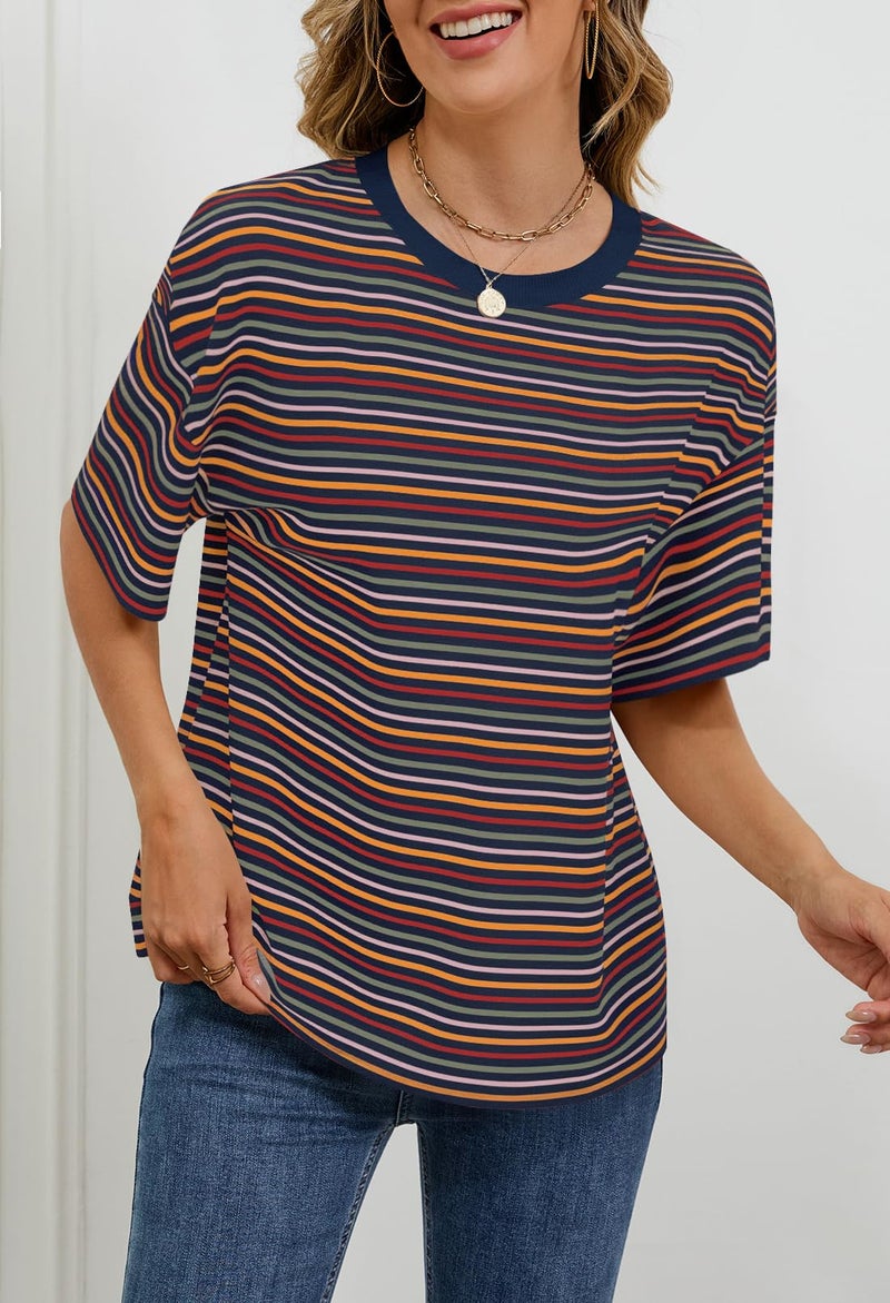 MEROKEETY Women's 2026 Summer Short Sleeve Tops Casual Colourful Striped Crewneck Loose Work T Shirts Blouses, Navy, L - Image 3