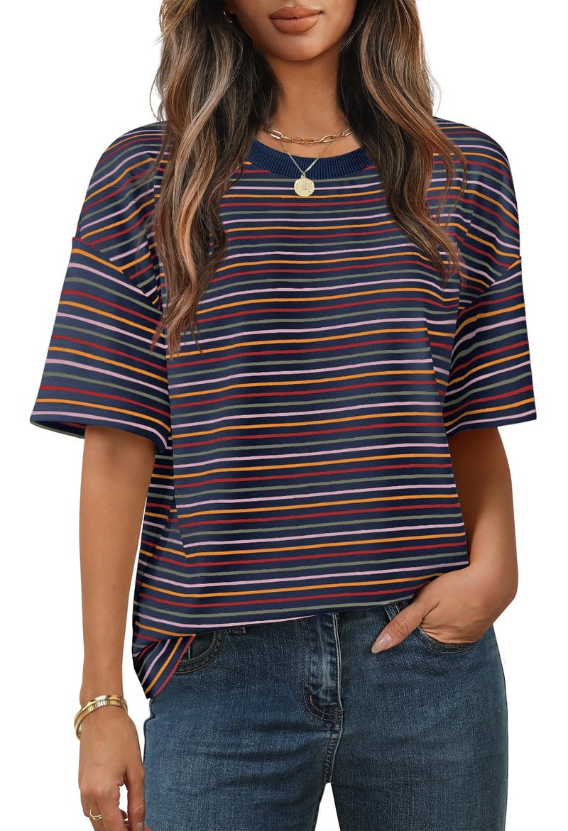 MEROKEETY Women's 2026 Summer Short Sleeve Tops Casual Colourful Striped Crewneck Loose Work T Shirts Blouses, Navy, L - Image 1