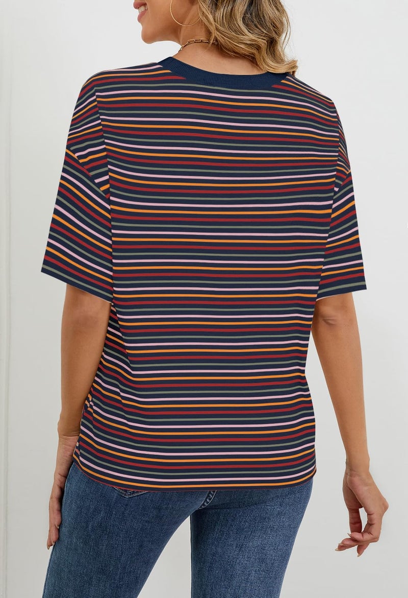 MEROKEETY Women's 2026 Summer Short Sleeve Tops Casual Colourful Striped Crewneck Loose Work T Shirts Blouses, Navy, L - Image 5