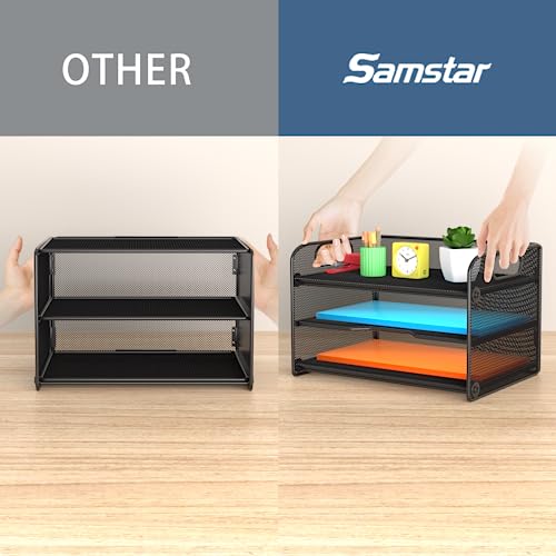 Samstar 3 Tier Letter Tray Paper Organizer with Handle, Mesh Desk Organizer Paper Sorter File Rack Shelves, Black - Image 3