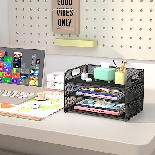 Samstar 3 Tier Letter Tray Paper Organizer with Handle, Mesh Desk Organizer Paper Sorter File Rack Shelves, Black - Image 2