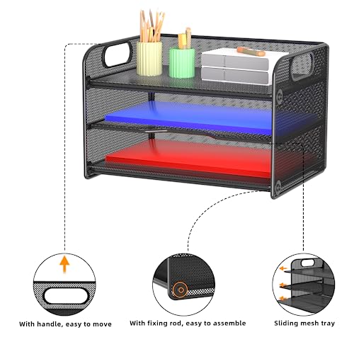 Samstar 3 Tier Letter Tray Paper Organizer with Handle, Mesh Desk Organizer Paper Sorter File Rack Shelves, Black - Image 4
