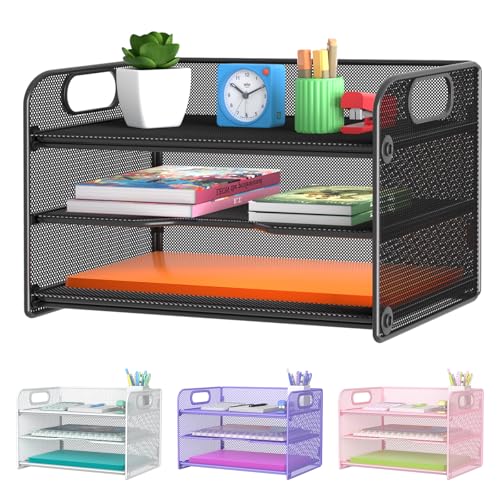 Samstar 3 Tier Letter Tray Paper Organizer with Handle, Mesh Desk Organizer Paper Sorter File Rack Shelves, Black - Image 1