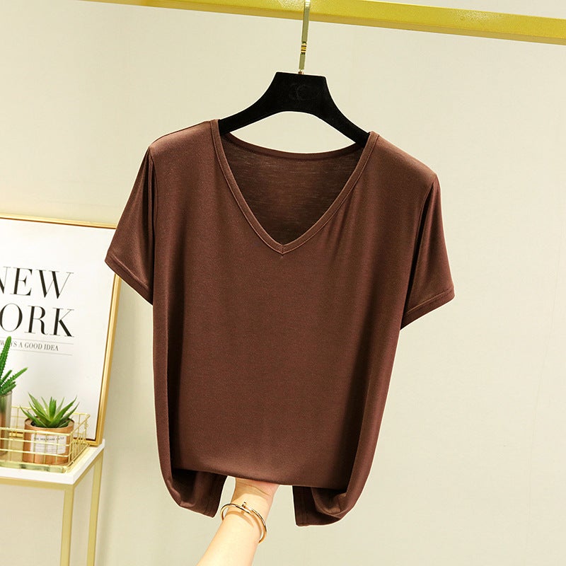 Modal Short-Sleeved T-Shirt Women'S Summer Plus Size Loose V-Neck Base Shirt Outer Wear Thin Inner Casual All-Match Top - Image 1