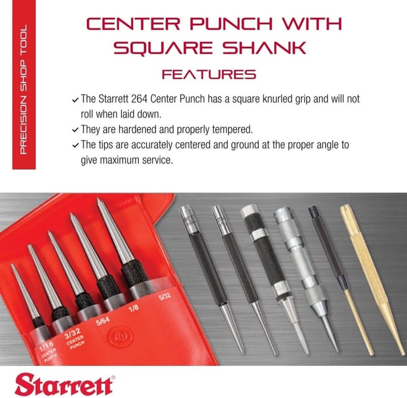 Starrett Steel Center Punch with Square Shank and Knurled Finger Grip - Hardened and Tempered Steel, 3" Length, 1/16" Diameter Tapered, 3/8" Square Thickness - 264A - Image 1