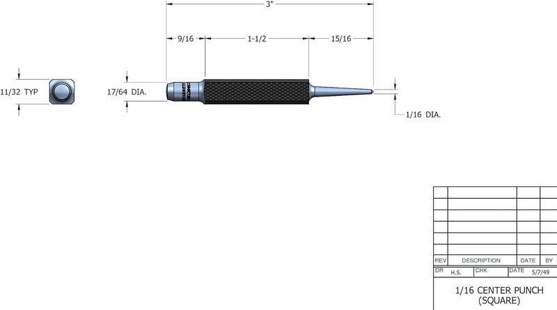 Starrett Steel Center Punch with Square Shank and Knurled Finger Grip - Hardened and Tempered Steel, 3" Length, 1/16" Diameter Tapered, 3/8" Square Thickness - 264A - Image 2