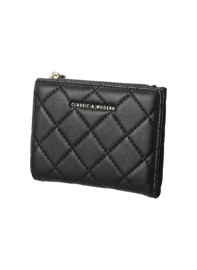Miniso - A stylish black wallet with a diamond lattice pattern and golden lettering for a touch of elegance. - Image 1